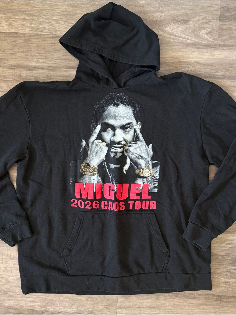 Black Miguel Chaos Tour Graphic Hoodie with Red Tour Print